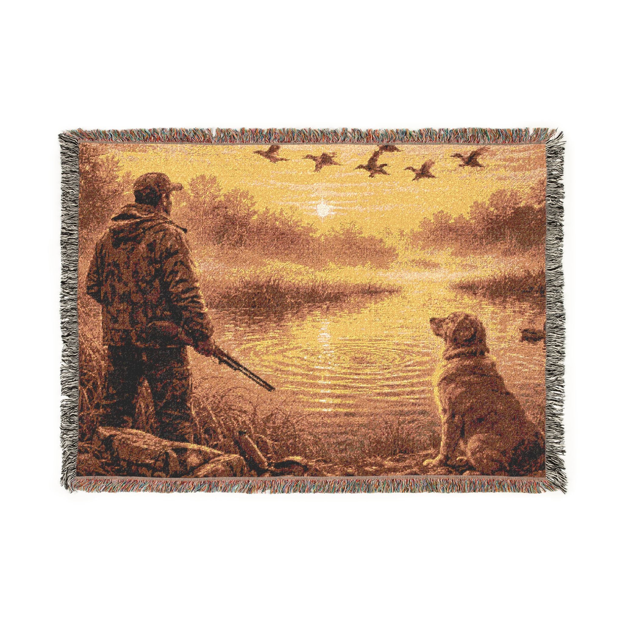 Hunter and Dog Woven Blanket — Rustic Outdoor Sunset Throw