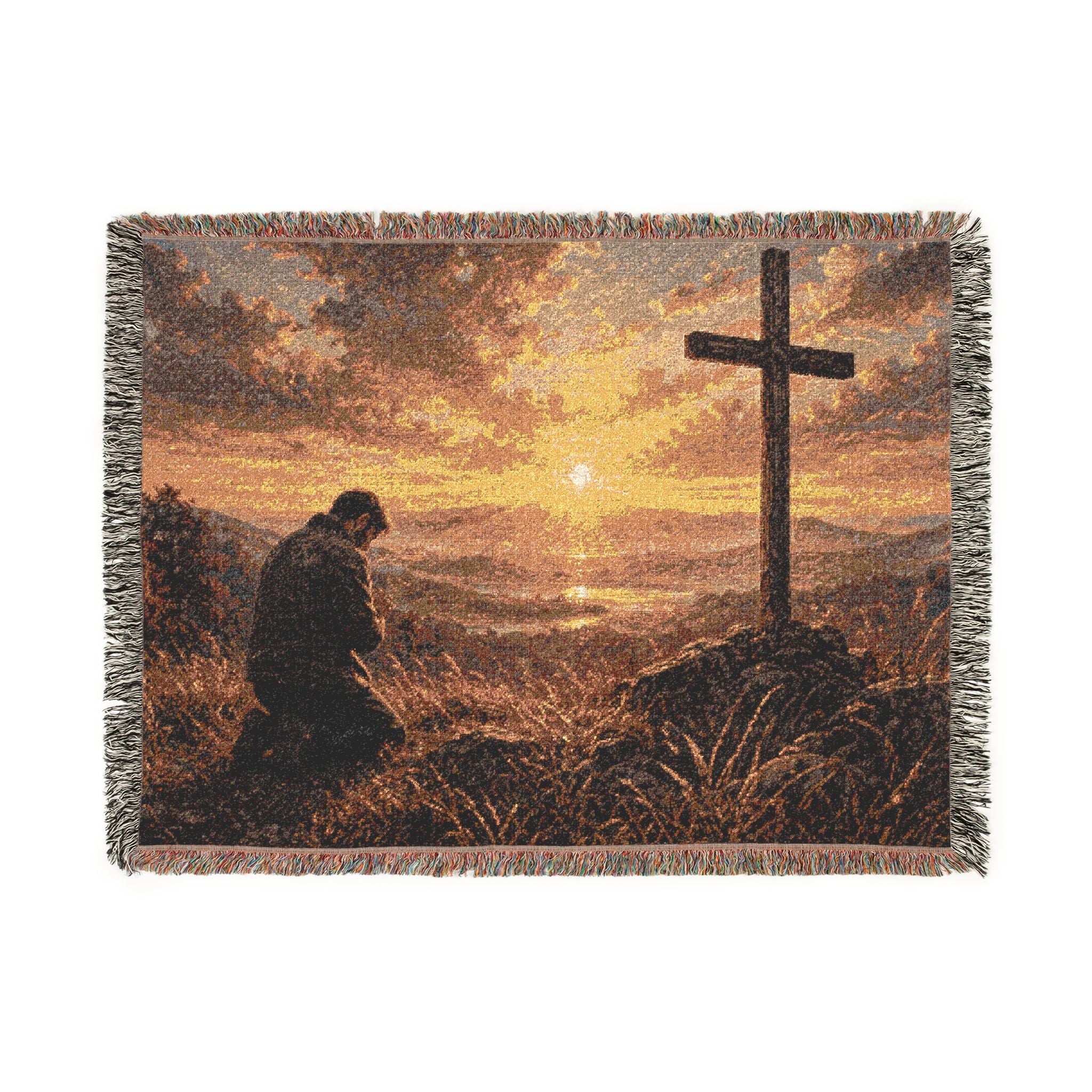 Prayer at the Cross Woven Blanket — Inspirational Christian Throw for Devotion & Memorial