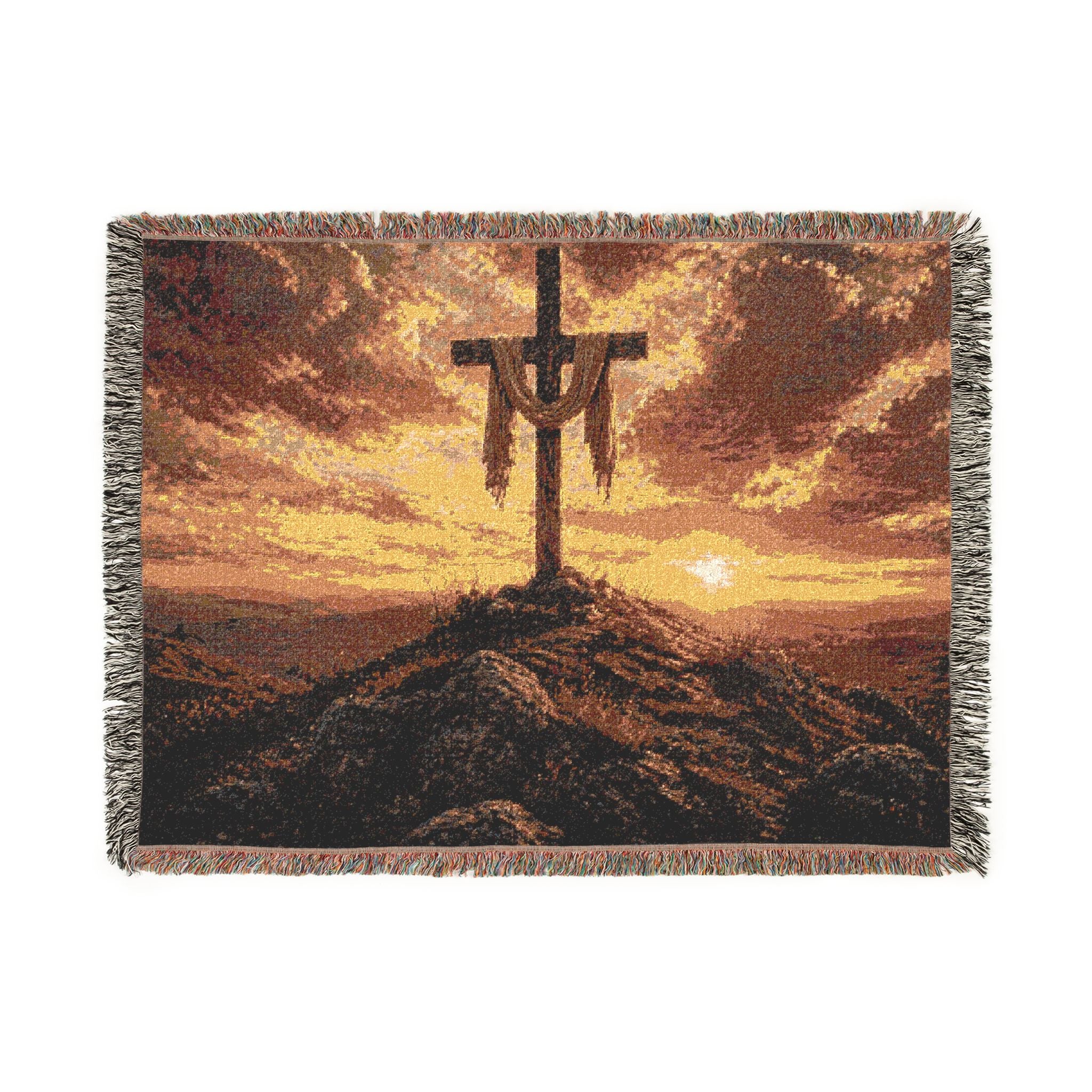 Woven Blanket Cross on top of hill with sunset