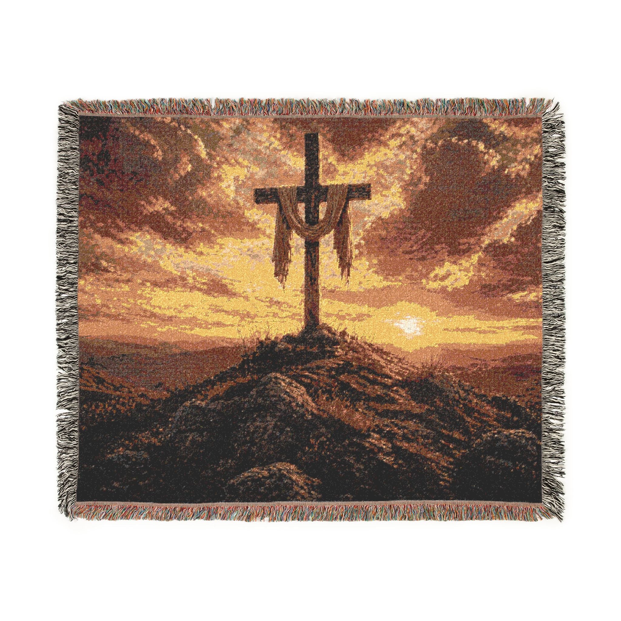 Woven Blanket Cross on top of hill with sunset