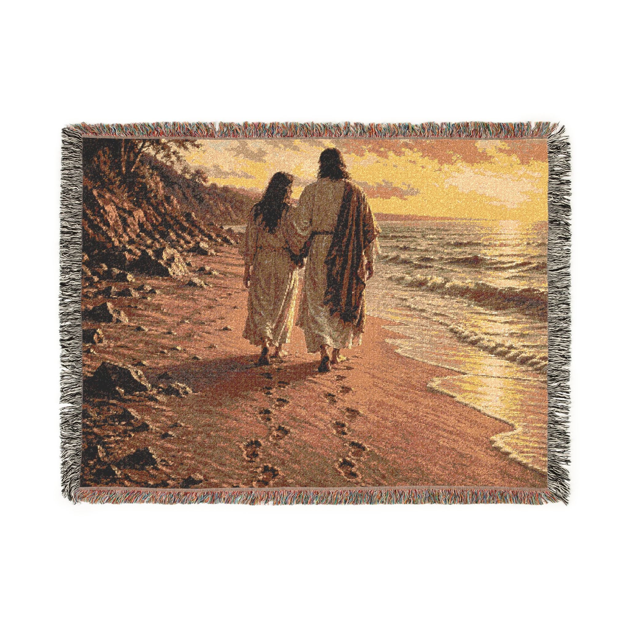 Woven Blanket — Jesus Walking on the Beach Tapestry Throw (Religious Christian Gift)