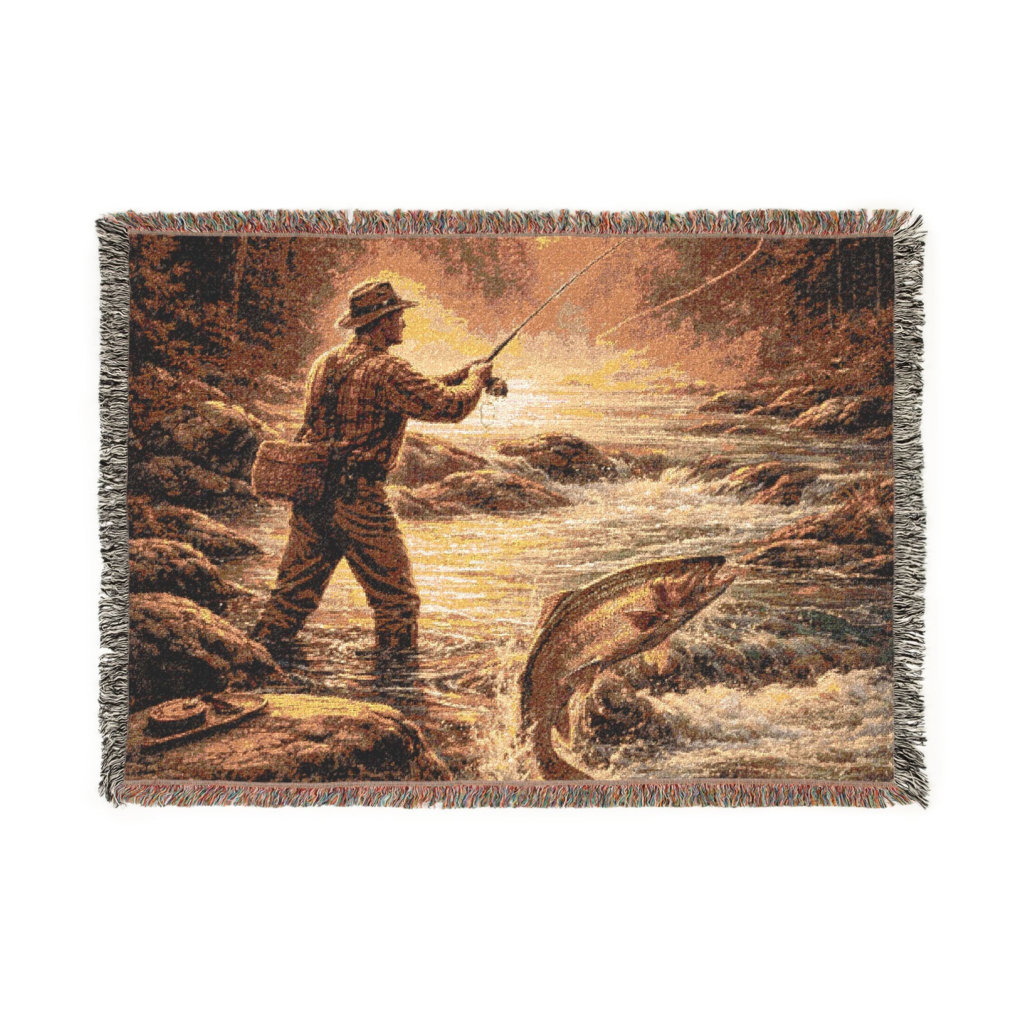 Fly Fishing Woven Blanket – Vintage Angler Scene Throw