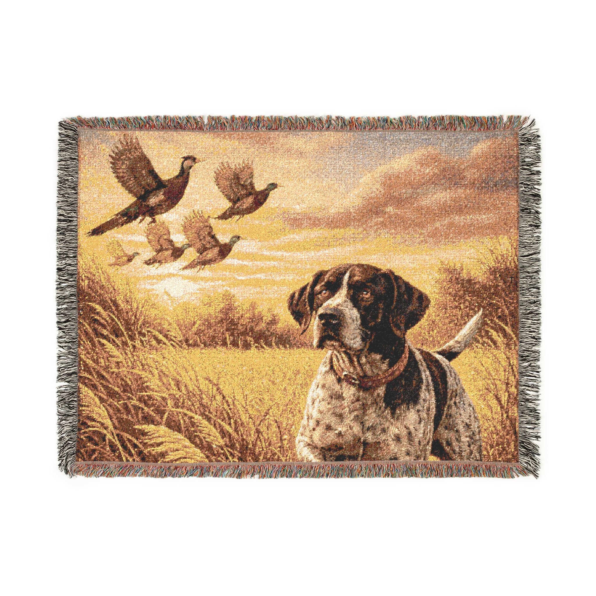 Hunting Dog & Pheasants Woven Blanket — Rustic Outdoorsman Throw