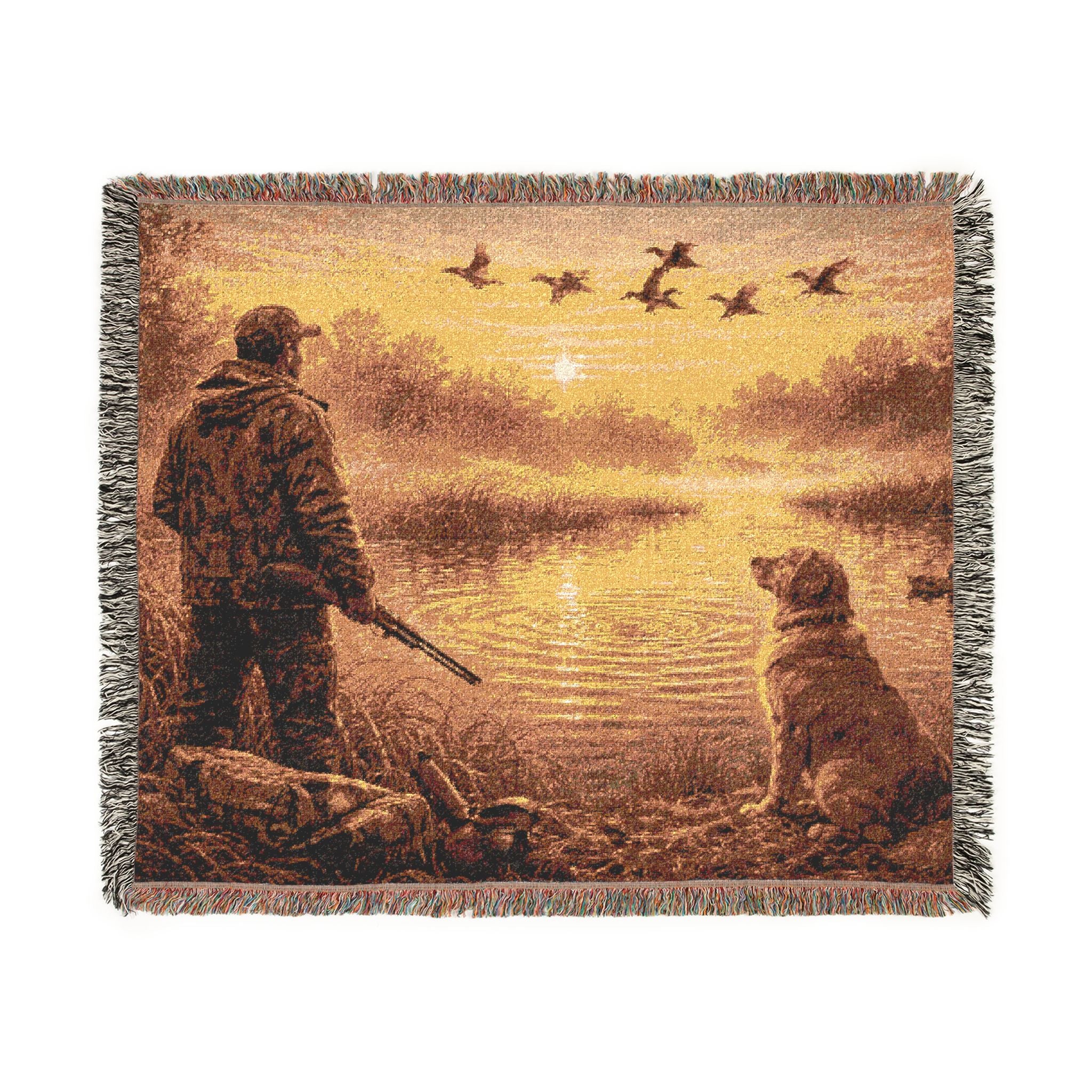 Hunter and Dog Woven Blanket — Rustic Outdoor Sunset Throw