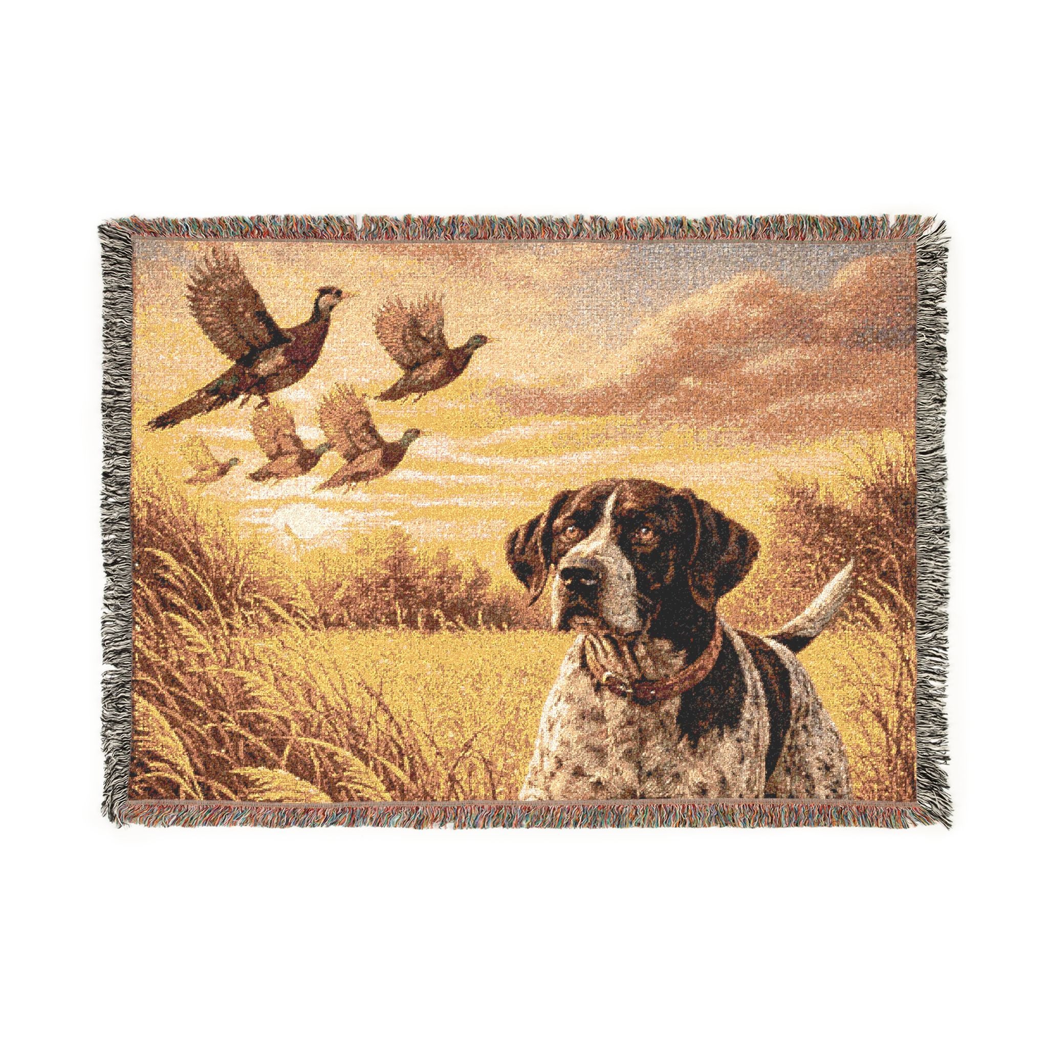Hunting Dog & Pheasants Woven Blanket — Rustic Outdoorsman Throw