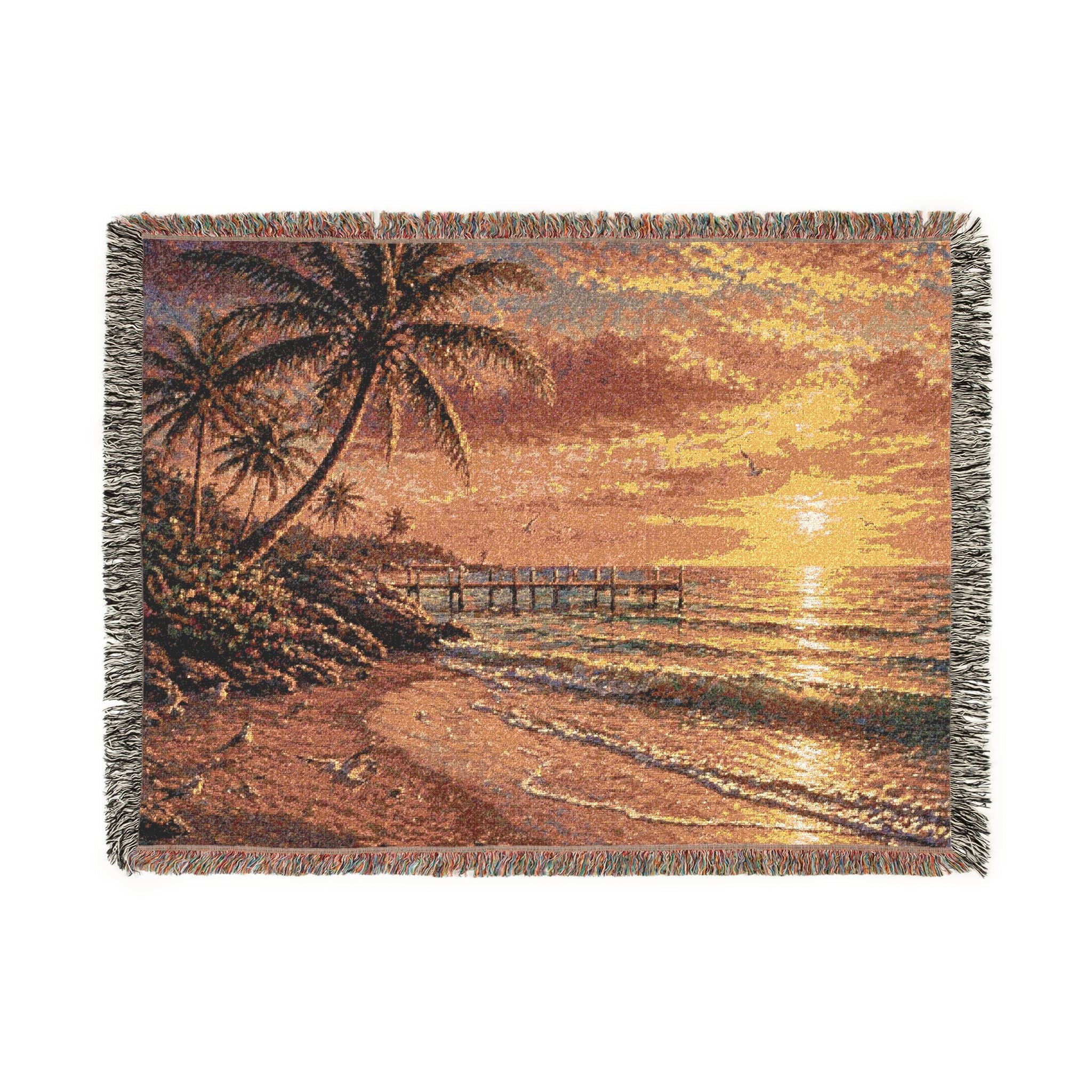 Tropical Sunset Woven Blanket — Palm Trees Beach Throw