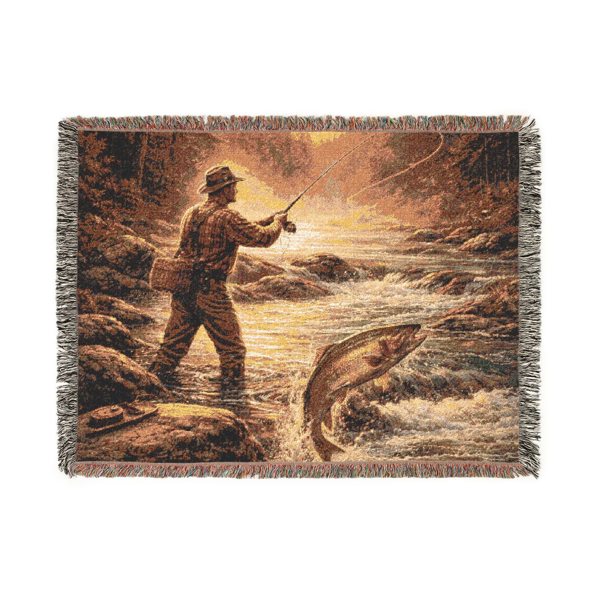 Fly Fishing Woven Blanket – Vintage Angler Scene Throw