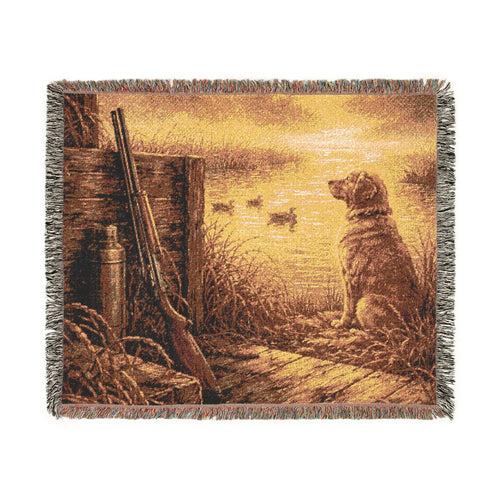 Dog Silhouette Woven Throw Blanket – Rustic Sunset & Moonlit Scene