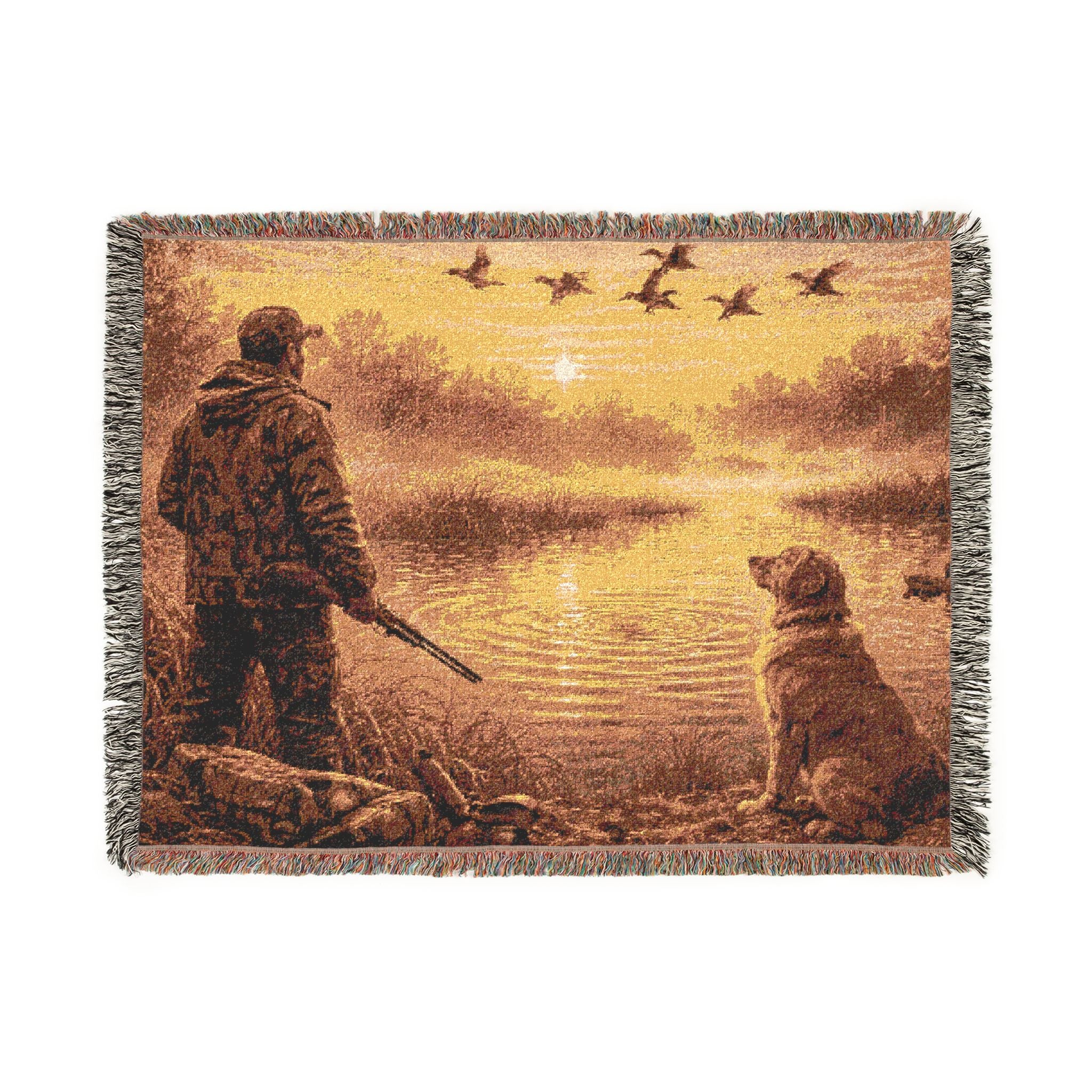 Hunter and Dog Woven Blanket — Rustic Outdoor Sunset Throw