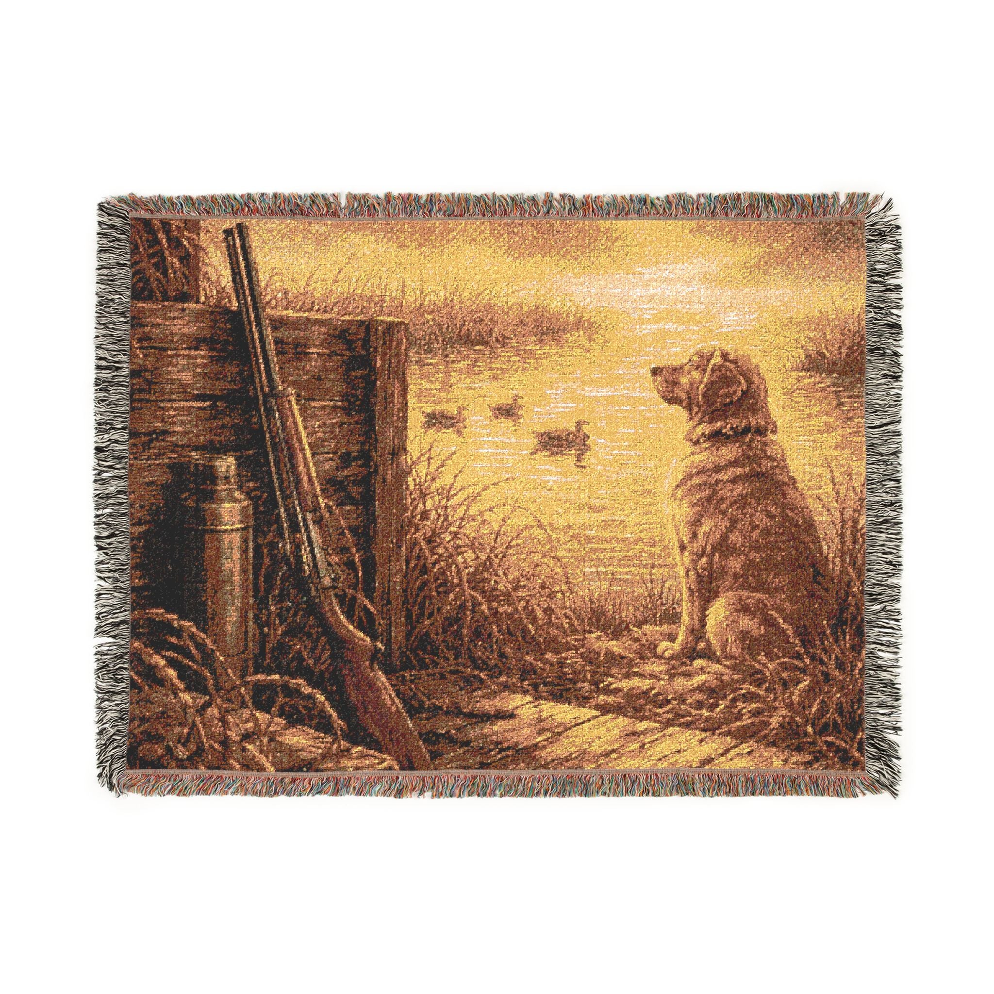 Dog Silhouette Woven Throw Blanket – Rustic Sunset & Moonlit Scene