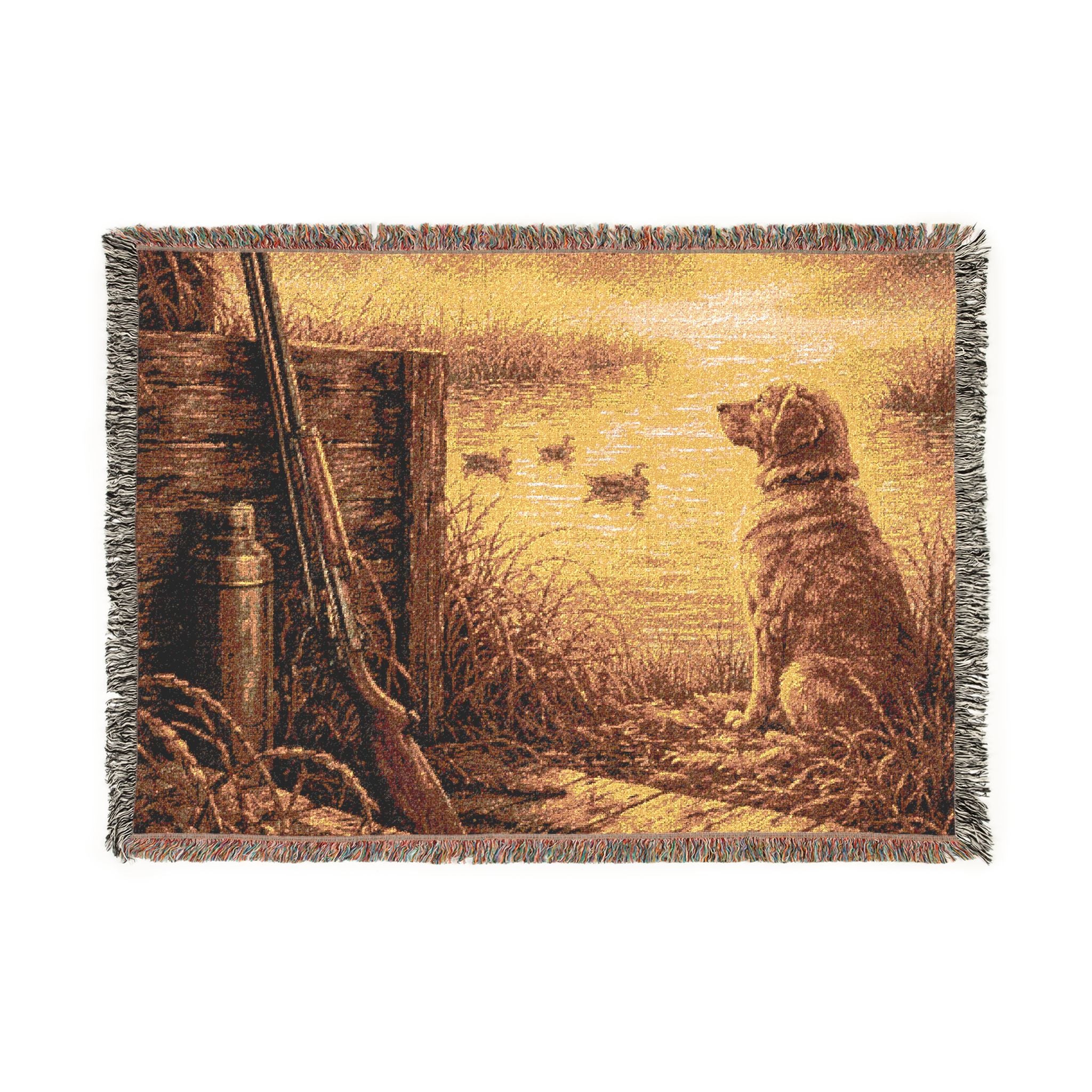 Dog Silhouette Woven Throw Blanket – Rustic Sunset & Moonlit Scene