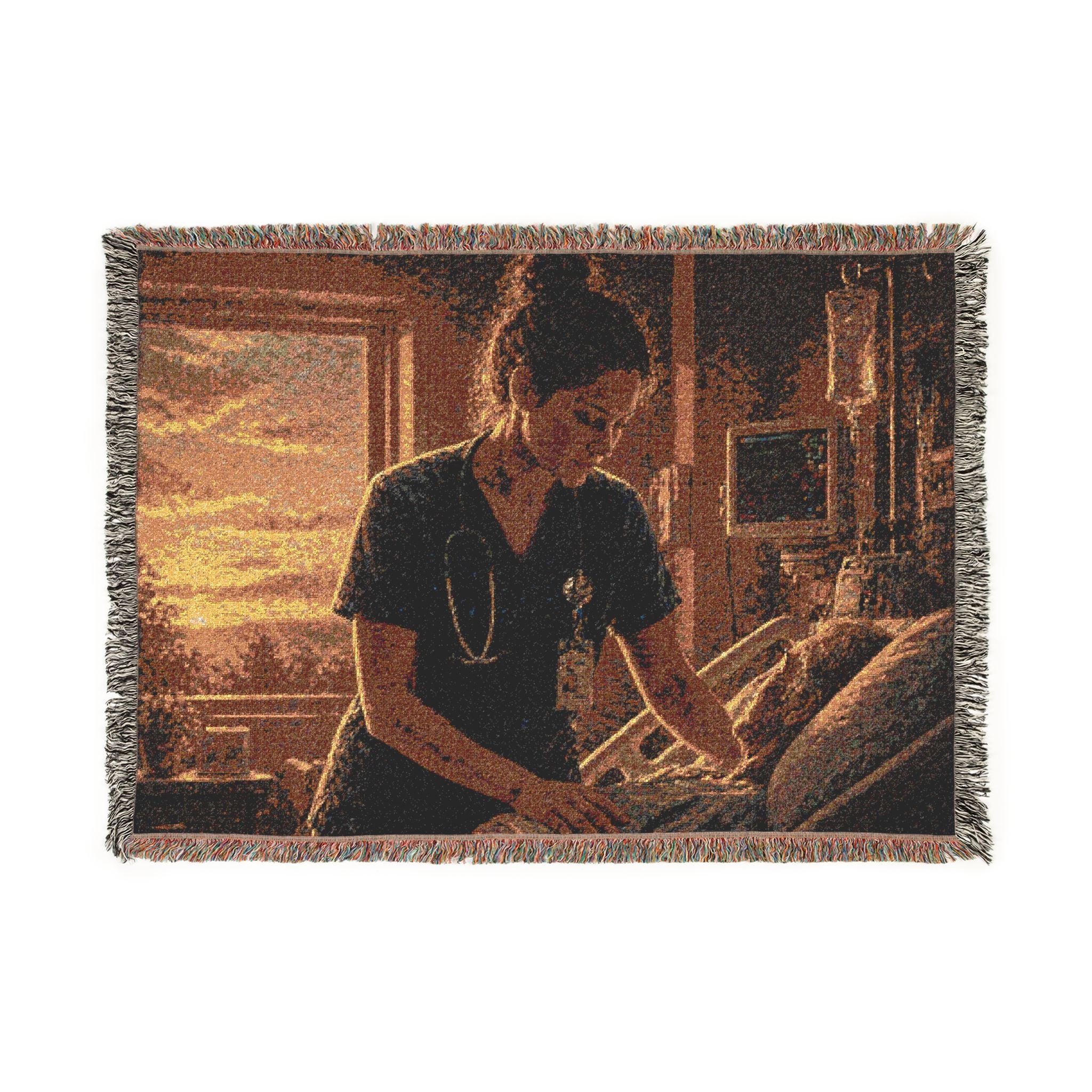 Woven blanket with a woman at a desk and sunset scene