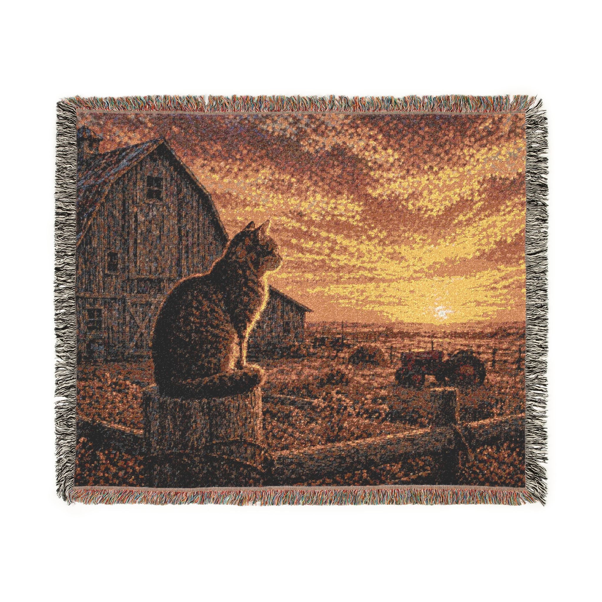 Sunset Farm Cat Woven Blanket – Cozy Rustic Throw for Cat Lovers
