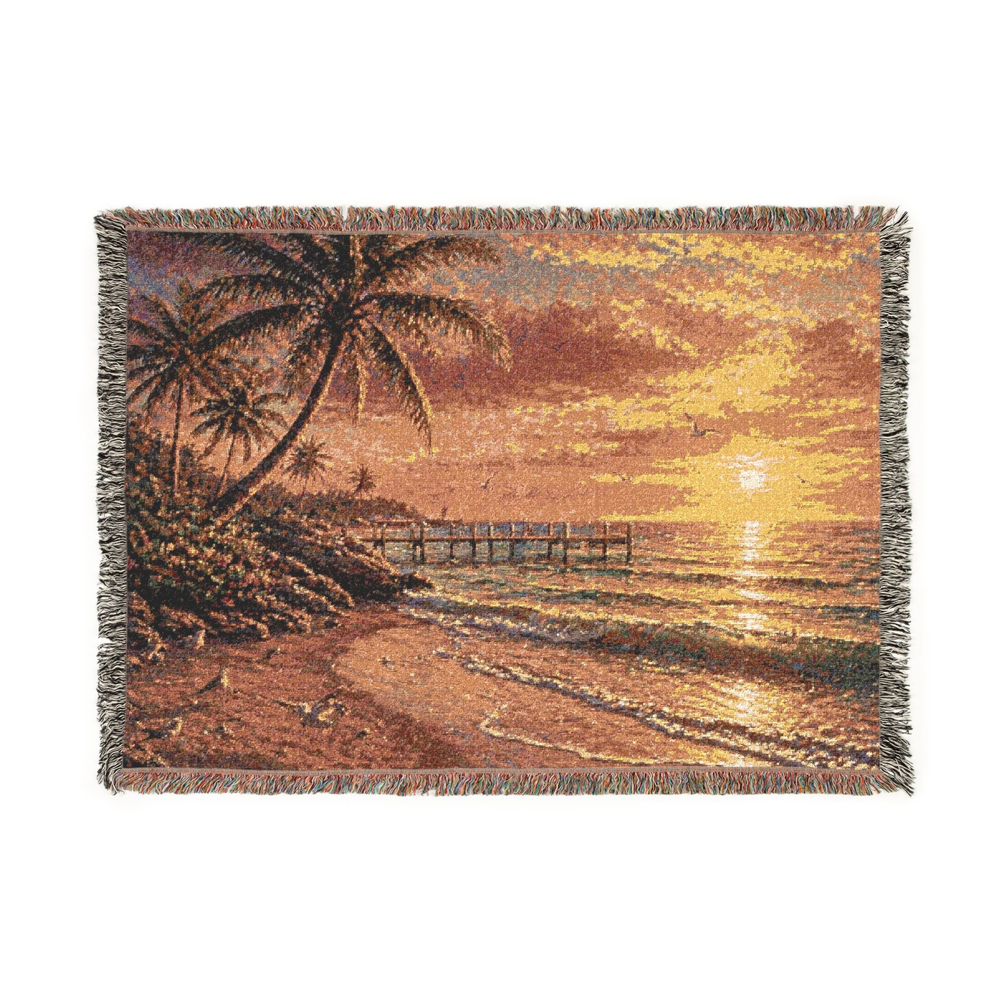 Tropical Sunset Woven Blanket — Palm Trees Beach Throw