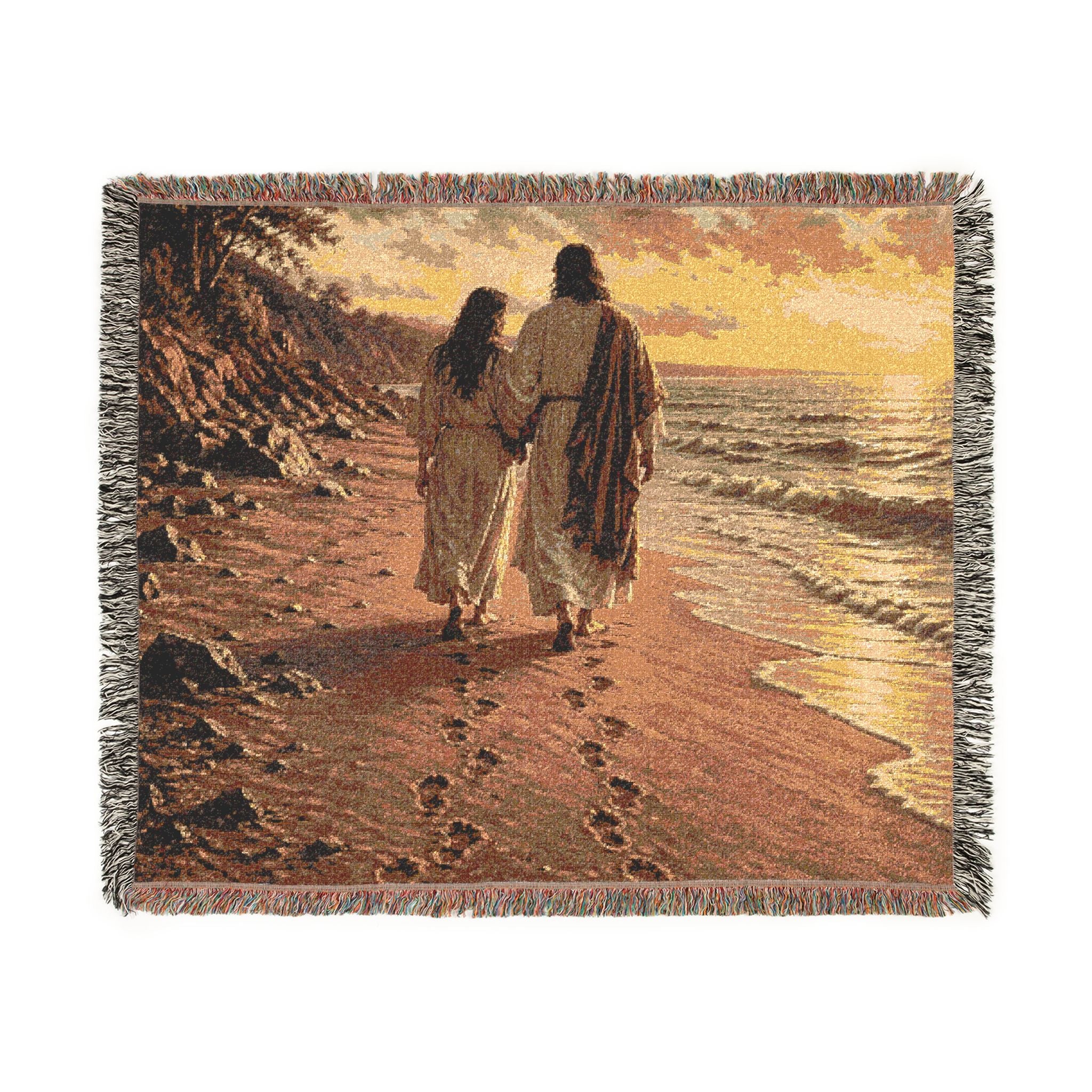 Woven Blanket — Jesus Walking on the Beach Tapestry Throw (Religious Christian Gift)