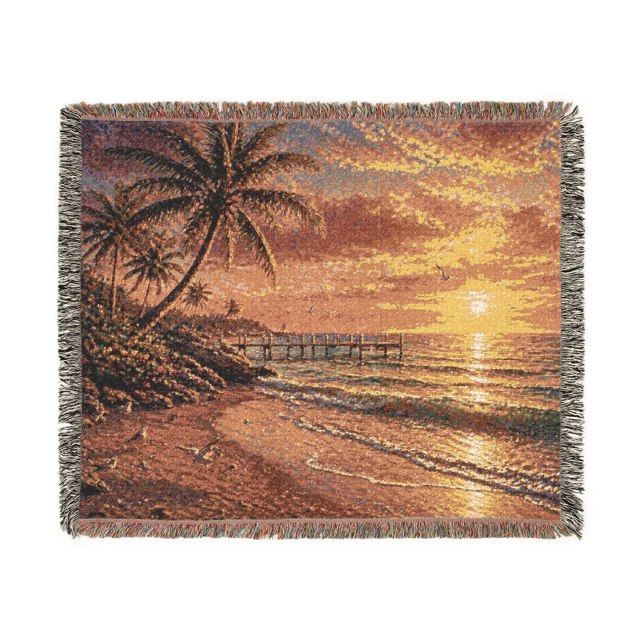 Tropical Sunset Woven Blanket — Palm Trees Beach Throw