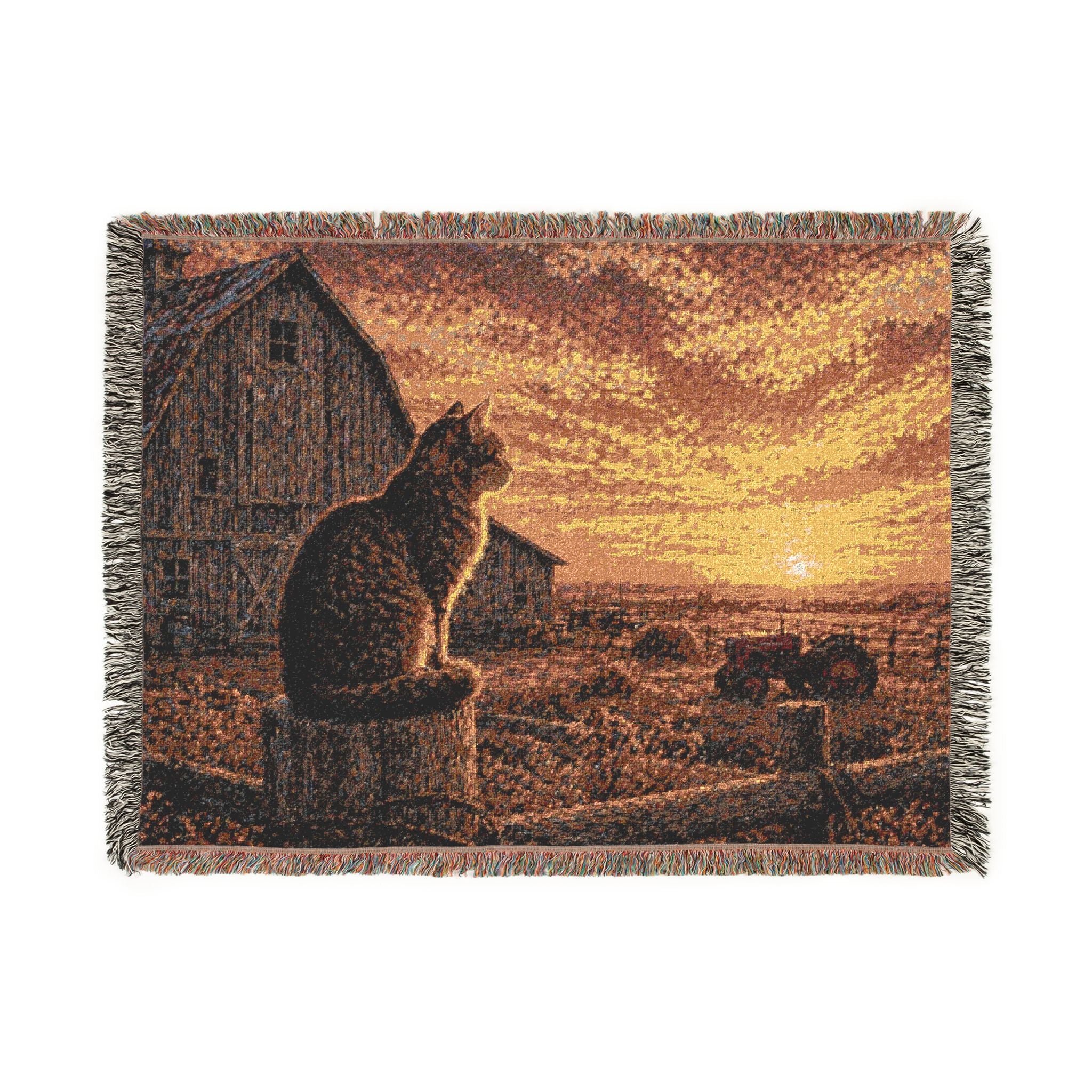 Sunset Farm Cat Woven Blanket – Cozy Rustic Throw for Cat Lovers