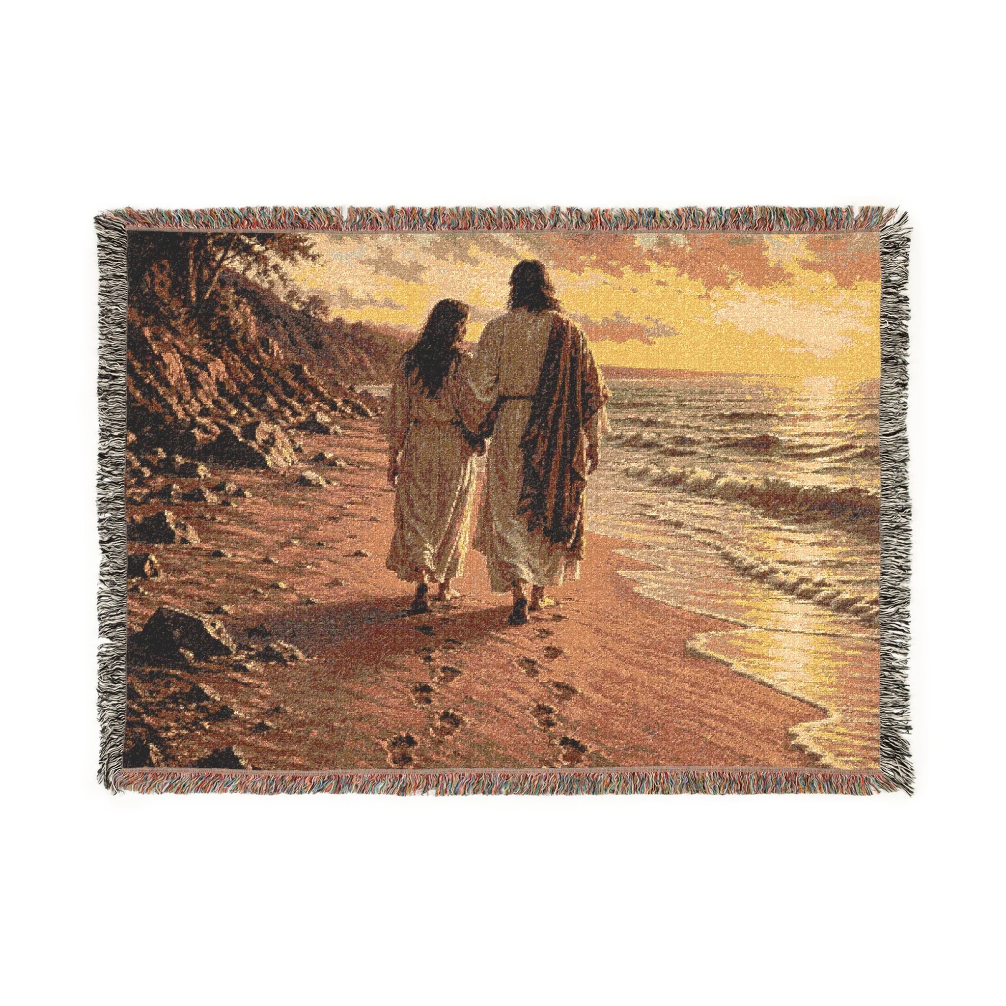 Woven Blanket — Jesus Walking on the Beach Tapestry Throw (Religious Christian Gift)