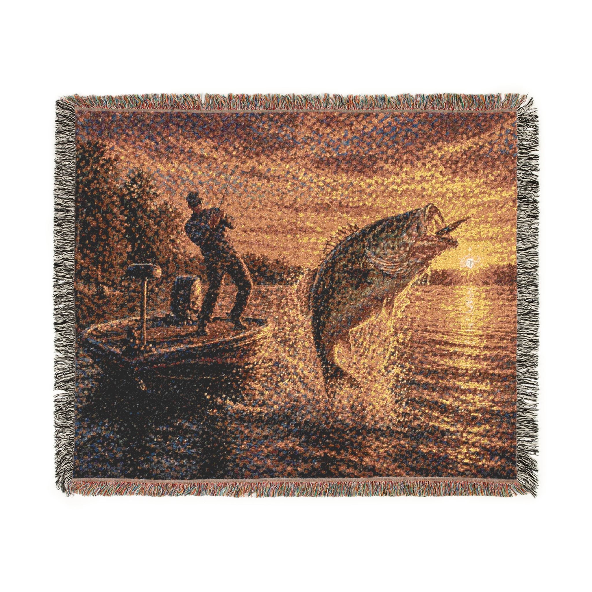 Fishing Sunset Woven Blanket — Leaping Fish & Angler Throw
