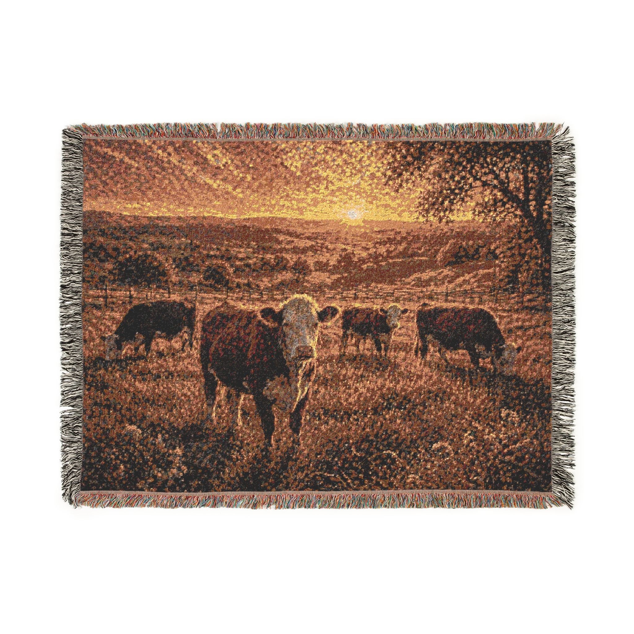 Cow Sunset Woven Blanket — Rustic Farmhouse Throw for Living Room & Cabin