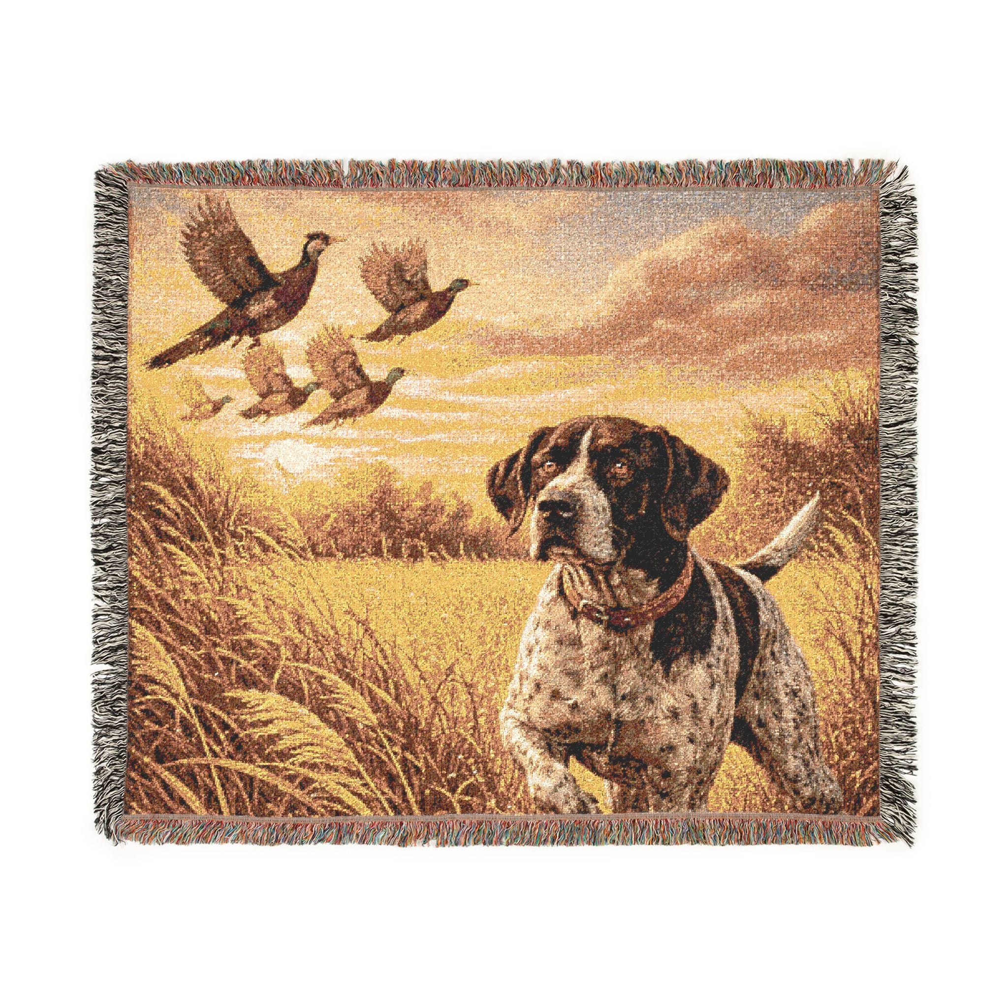 Hunting Dog & Pheasants Woven Blanket — Rustic Outdoorsman Throw
