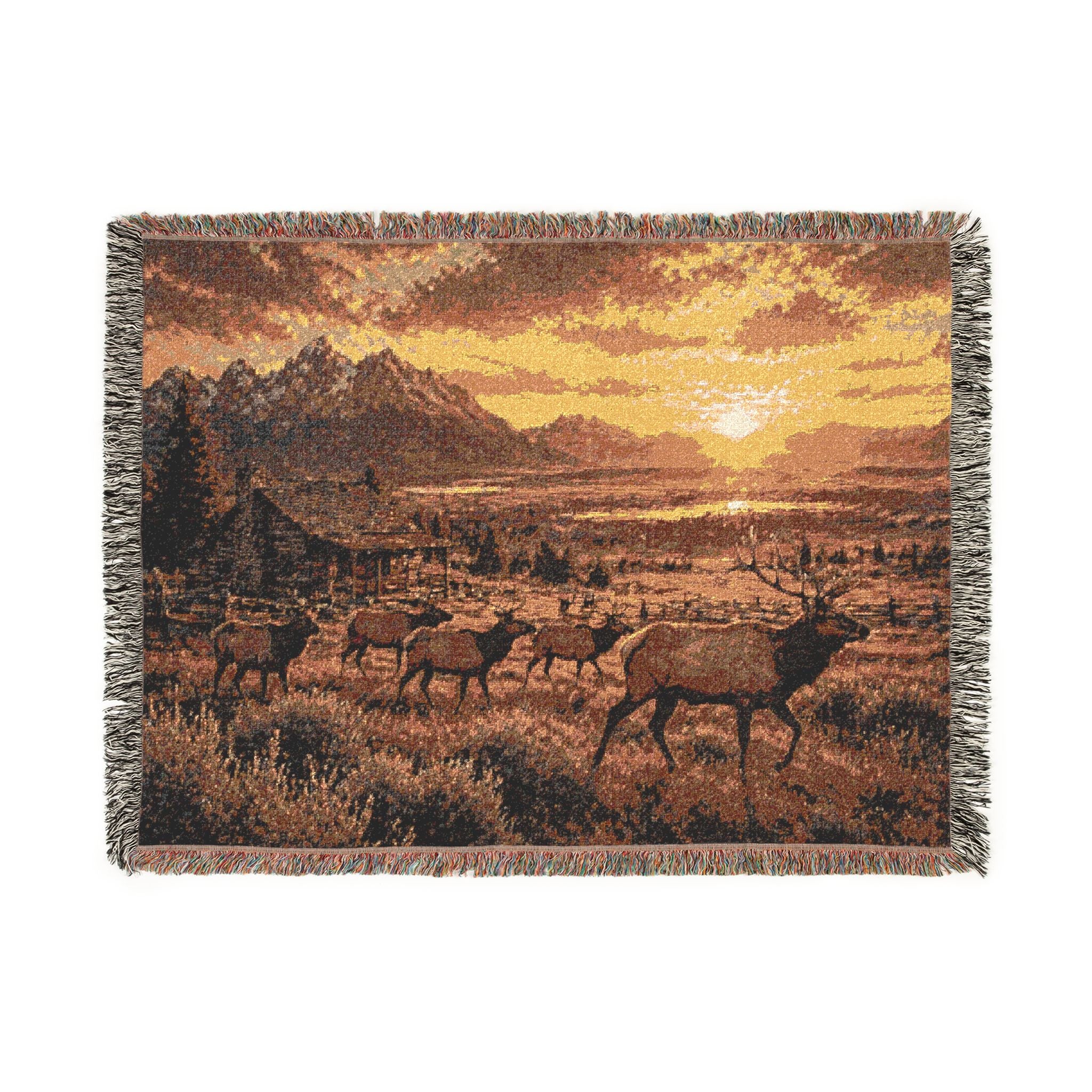 Woven Blanket — Sunset Mountain Deer Scenic Throw Wyoming
