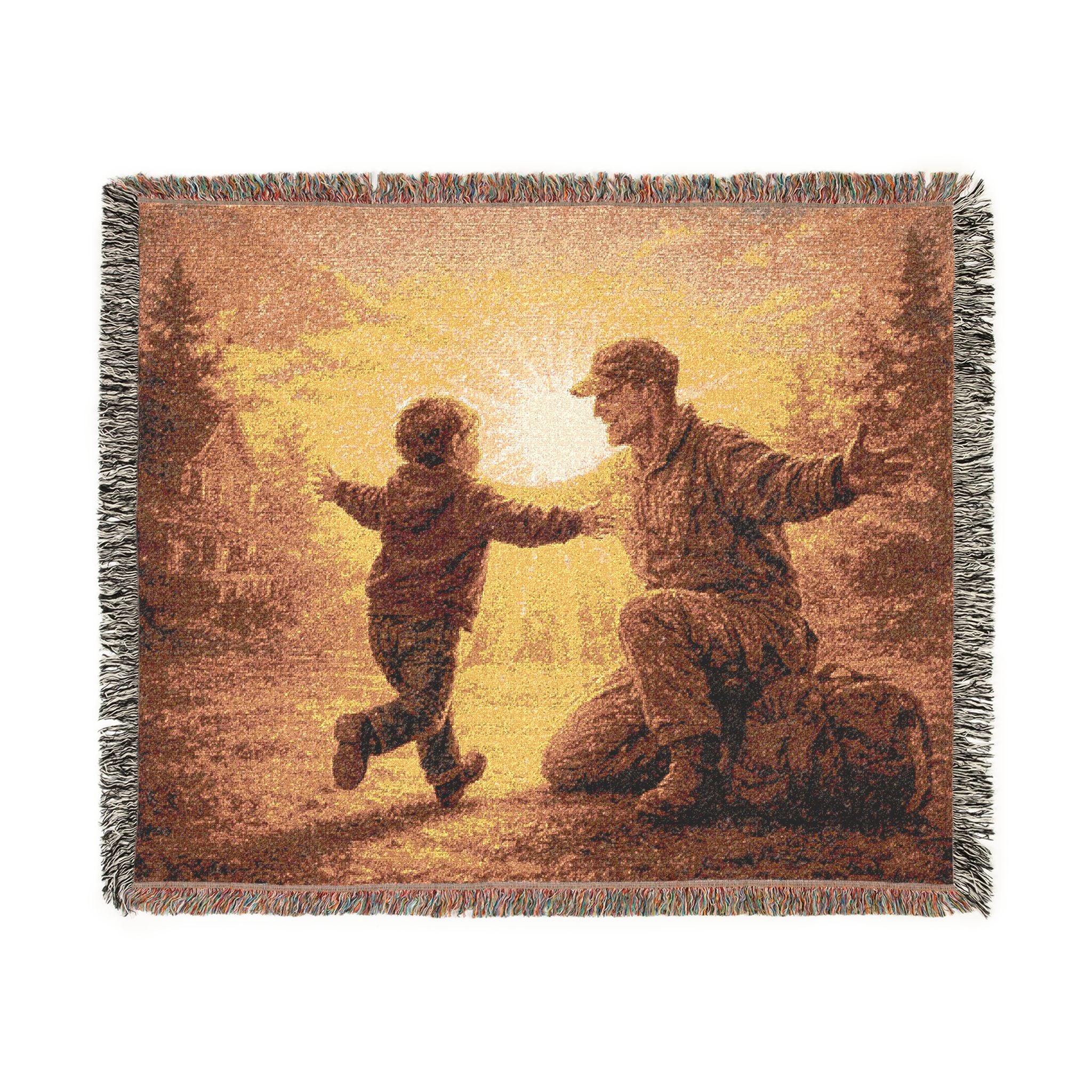 Woven Blanket - Father and Son Sunset Scene Tapestry Throw