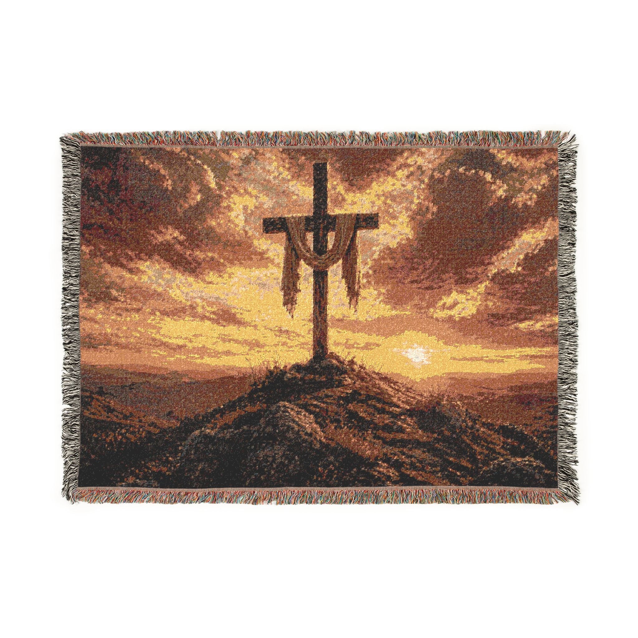 Woven Blanket Cross on top of hill with sunset