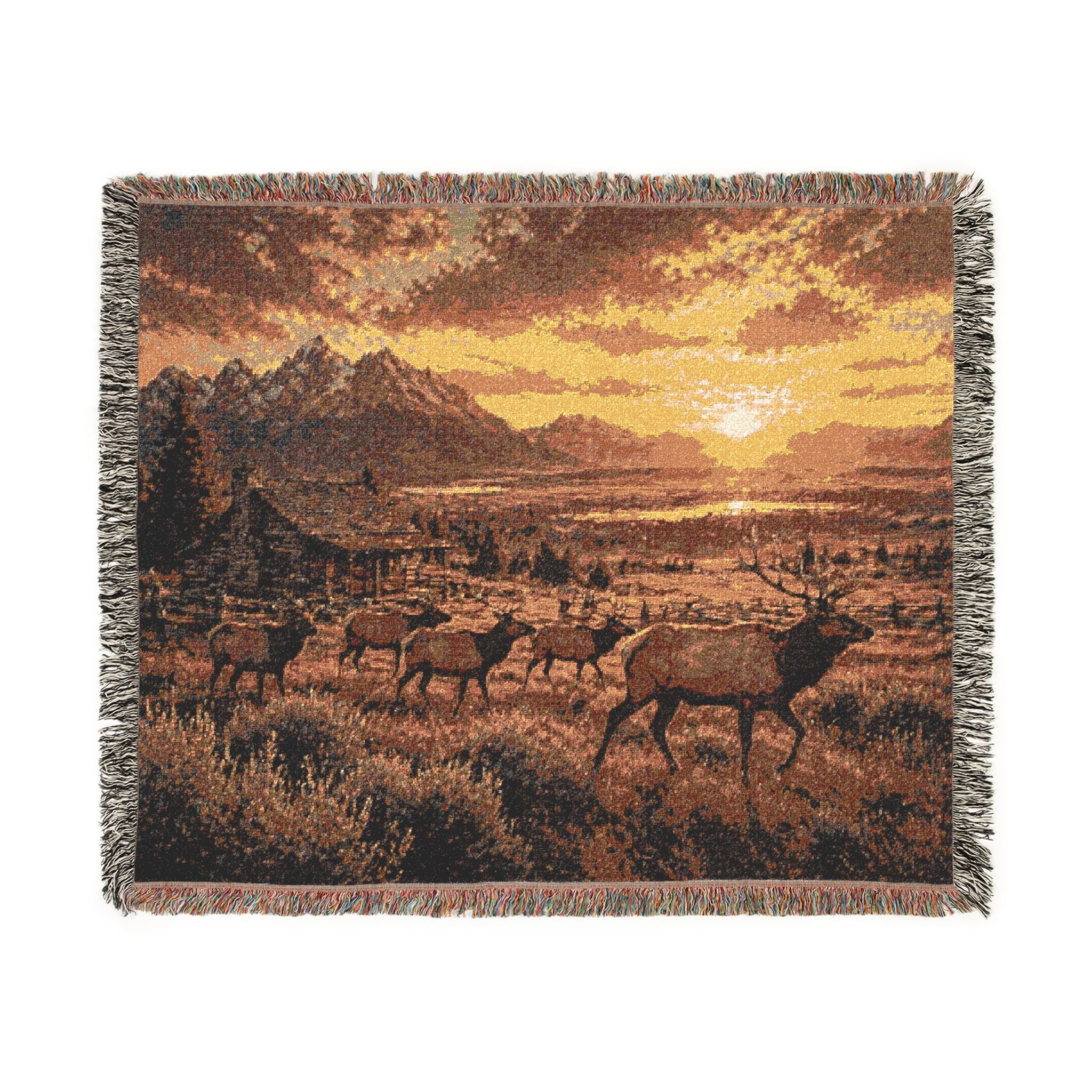 Woven Blanket — Sunset Mountain Deer Scenic Throw Wyoming