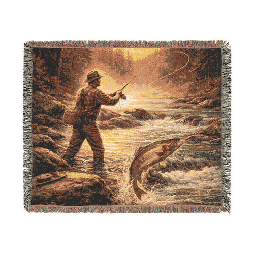 Fly Fishing Woven Blanket – Vintage Angler Scene Throw